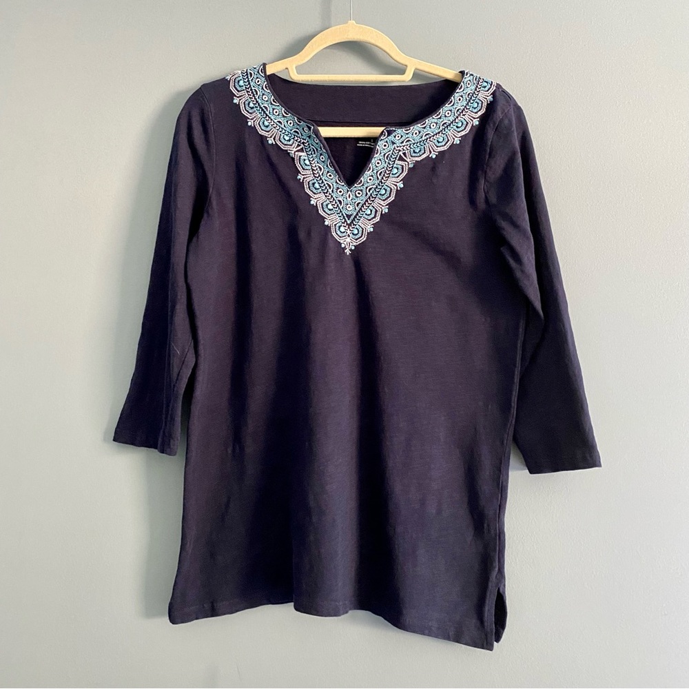 Talbots Navy Embroidered Split Neck 100% Cotton Tunic Sz Small
